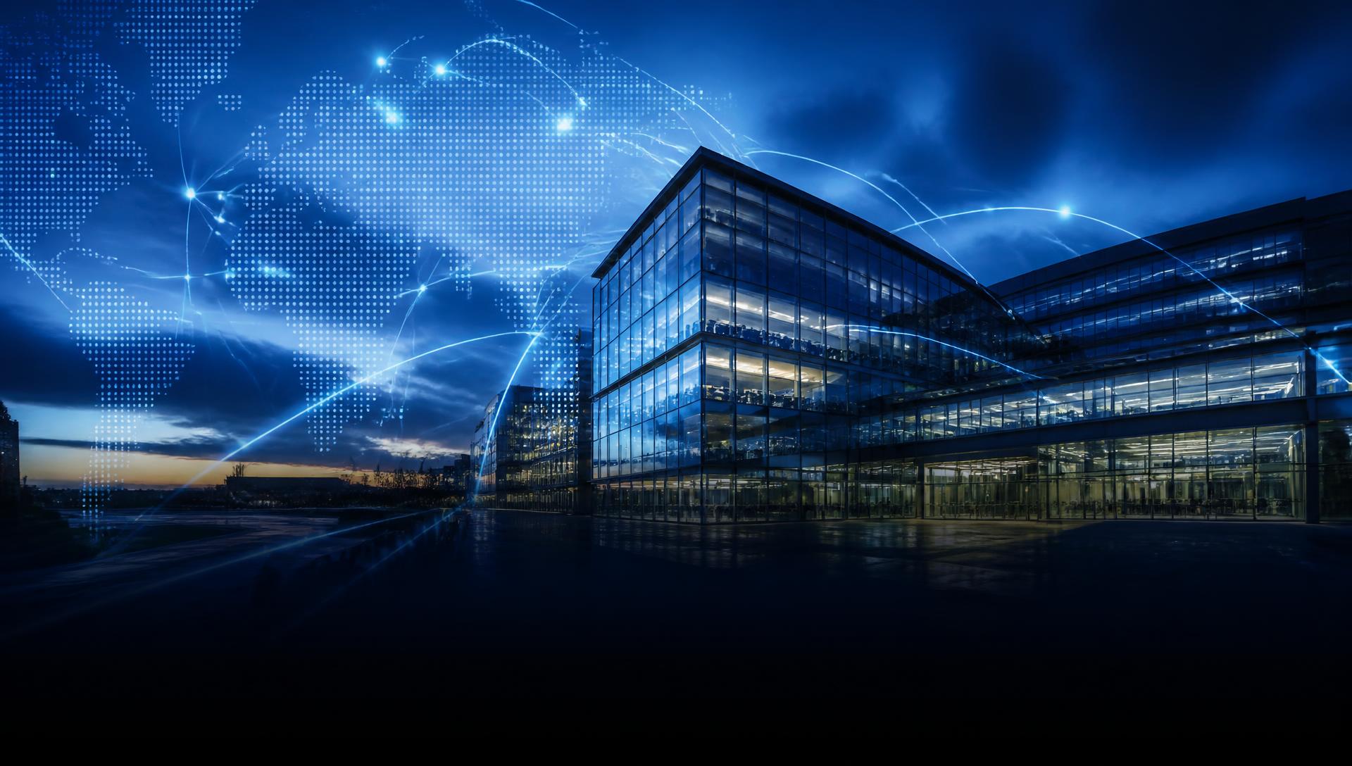 Global enterprise headquarters at blue hour with an overlaid digital connectivity network